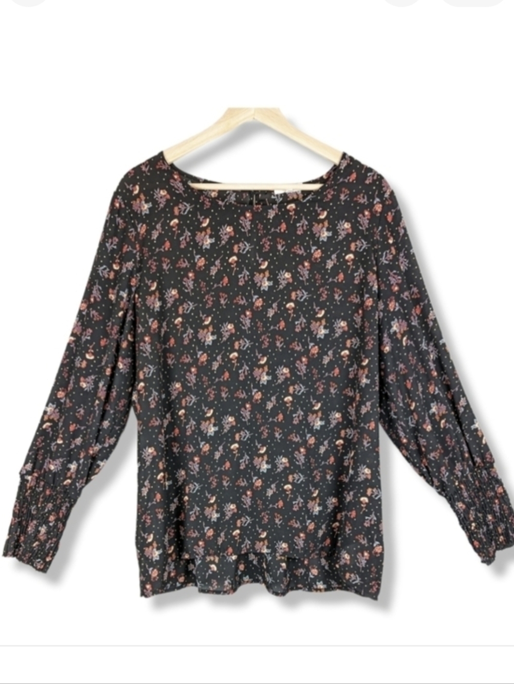 Pleione Floral Smocked Blouse XL Black Blue Red Career Office Wear Top